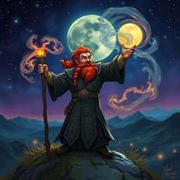 A powerful redheaded dwarf mage standing atop a hill, casting a spell into a vivid, starry night sky