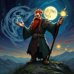 A powerful redheaded dwarf mage standing atop a hill, casting a spell into a vivid, starry night sky