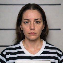 A woman wearing a traditional black and white striped prison uniform, facing forward with a neutral expression for a mugshot