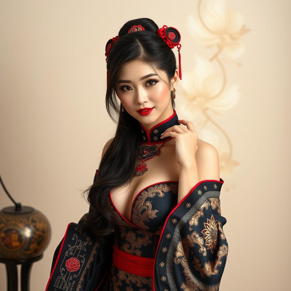 A sexy Chinese woman posing seductively, depicted in a tasteful manner with intricate Chinese aesthetics