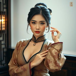 A sexy Chinese woman posing seductively, depicted in a tasteful manner with intricate Chinese aesthetics