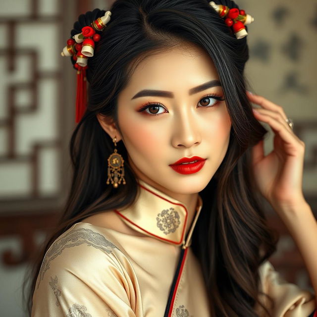 A sexy Chinese woman posing seductively, depicted in a tasteful manner with intricate Chinese aesthetics