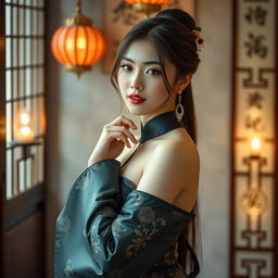 A sexy Chinese woman posing seductively, depicted in a tasteful manner with intricate Chinese aesthetics