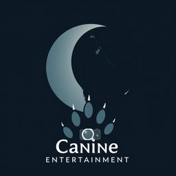 A sleek silhouette of a wolf howling at a crescent moon, with the moon subtly forming the 'C' in 'Canine Entertainment