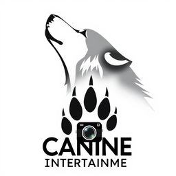 A sleek silhouette of a wolf howling at a crescent moon, with the moon subtly forming the 'C' in 'Canine Entertainment