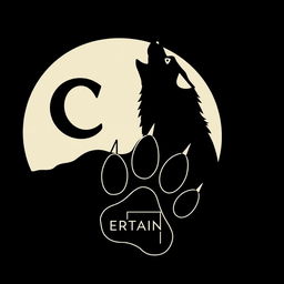 A sleek silhouette of a wolf howling at a crescent moon, with the moon subtly forming the 'C' in 'Canine Entertainment