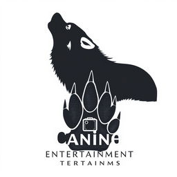 A sleek silhouette of a wolf howling at a crescent moon, with the moon subtly forming the 'C' in 'Canine Entertainment