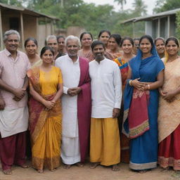 A harmonious community scene depicting Tamil, Sinhala, Muslim, and Christian people living together, showcasing diverse cultures, clothing, and customs in a spirit of unity and peace.