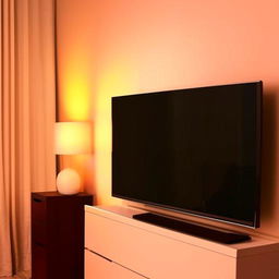 A modern television on the left side of an elegantly lit room, with a mobile phone resting to the right under ambient lighting.