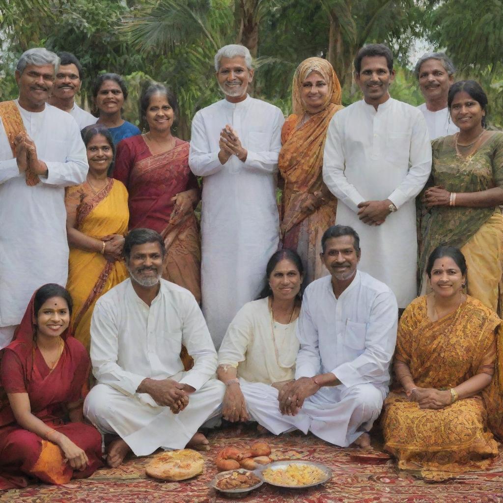 A harmonious community scene depicting Tamil, Sinhala, Muslim, and Christian people living together, showcasing diverse cultures, clothing, and customs in a spirit of unity and peace.