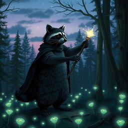 A mystical black raccoon mage, standing on its hind legs amidst an enchanted forest, casting a shimmering spell that lights up the surrounding trees