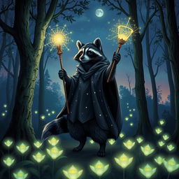 A mystical black raccoon mage, standing on its hind legs amidst an enchanted forest, casting a shimmering spell that lights up the surrounding trees