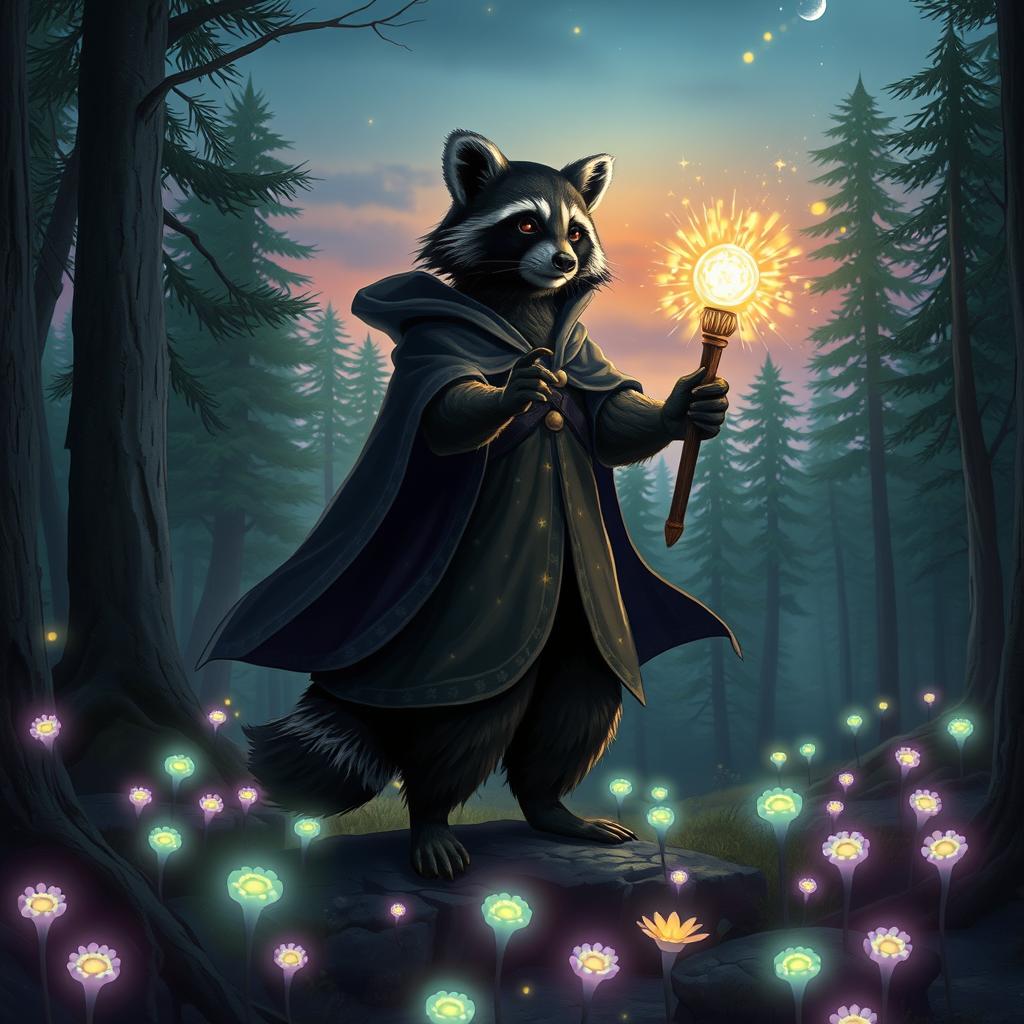 A mystical black raccoon mage, standing on its hind legs amidst an enchanted forest, casting a shimmering spell that lights up the surrounding trees