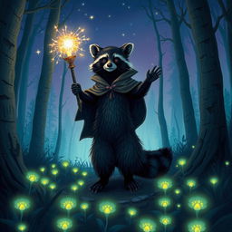 A mystical black raccoon mage, standing on its hind legs amidst an enchanted forest, casting a shimmering spell that lights up the surrounding trees