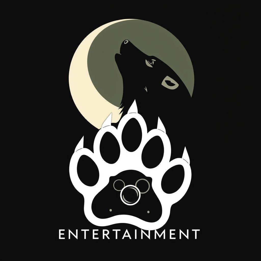 A sleek silhouette of a wolf howling at a crescent moon, with the moon subtly forming the 'C' in 'Canine Entertainment