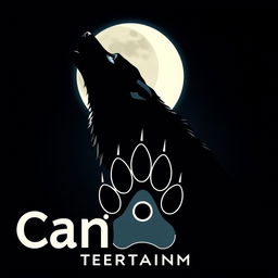 A sleek silhouette of a wolf howling at a crescent moon, with the moon subtly forming the 'C' in 'Canine Entertainment