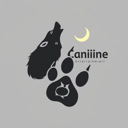 A sleek silhouette of a wolf howling at a crescent moon, with the moon subtly forming the 'C' in 'Canine Entertainment