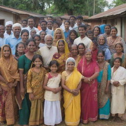 A harmonious community scene depicting Tamil, Sinhala, Muslim, and Christian people living together, showcasing diverse cultures, clothing, and customs in a spirit of unity and peace.