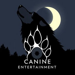 A sleek silhouette of a wolf howling at a crescent moon, with the moon subtly forming the 'C' in 'Canine Entertainment