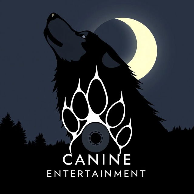 A sleek silhouette of a wolf howling at a crescent moon, with the moon subtly forming the 'C' in 'Canine Entertainment