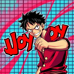 A dynamic and bold illustration featuring the character Luffy from One Piece with a determined expression