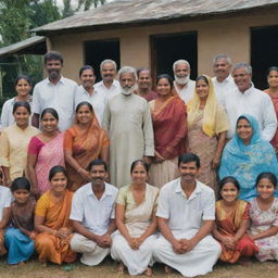 A harmonious community scene depicting Tamil, Sinhala, Muslim, and Christian people living together, showcasing diverse cultures, clothing, and customs in a spirit of unity and peace.