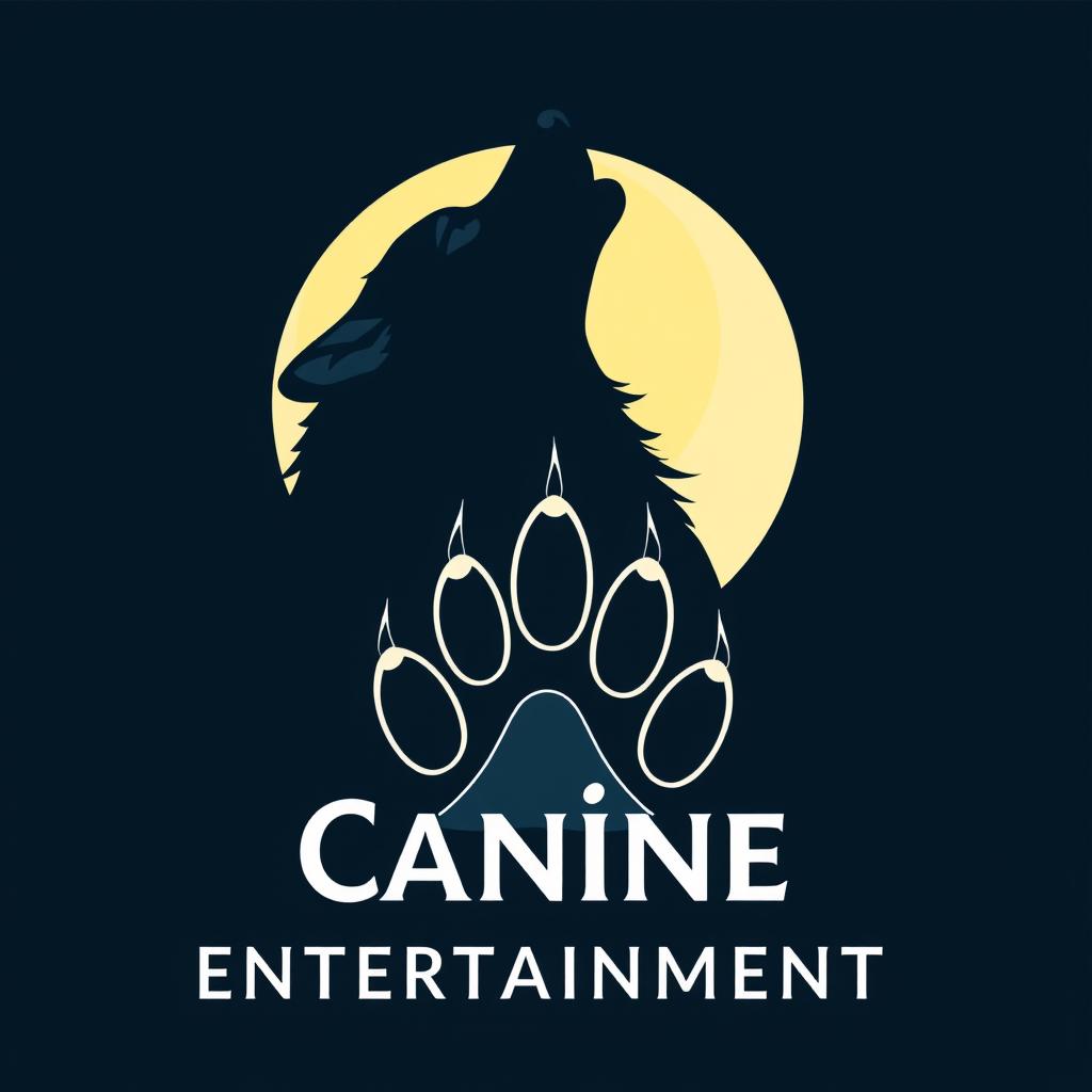 A sleek silhouette of a wolf howling at a crescent moon, with the moon subtly forming the 'C' in 'Canine Entertainment