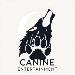 A sleek silhouette of a wolf howling at a crescent moon, with the moon subtly forming the 'C' in 'Canine Entertainment