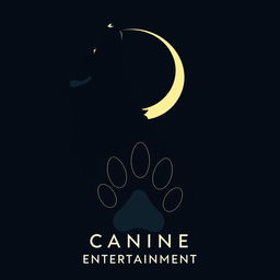 A sleek silhouette of a wolf howling at a crescent moon, with the moon subtly forming the 'C' in 'Canine Entertainment