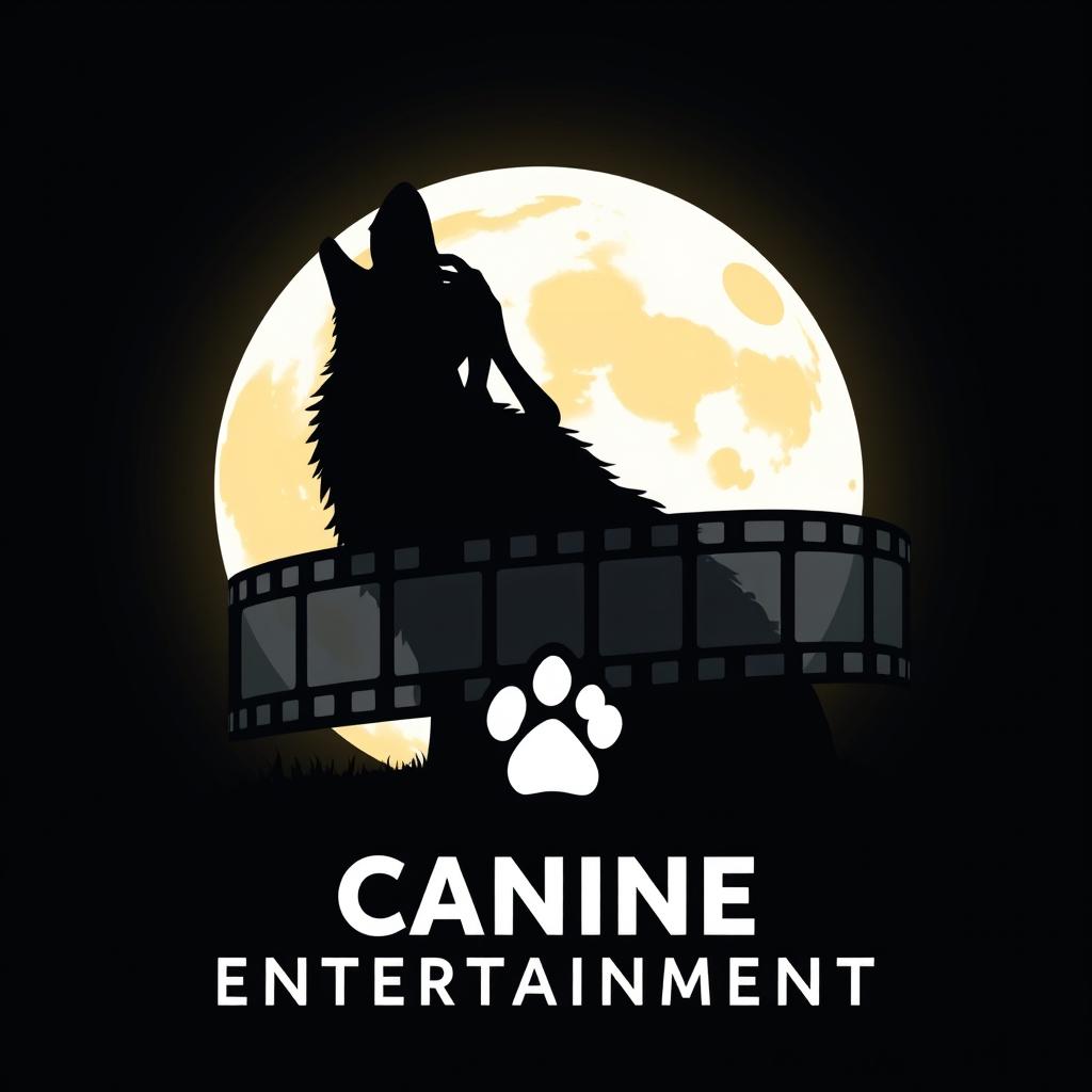 A silhouette of a wolf howling with a film reel resembling the moon positioned behind it, representing 'Canine Entertainment