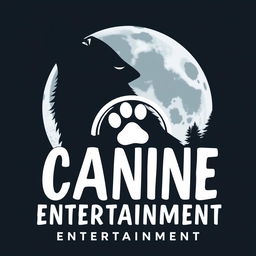 A silhouette of a wolf howling with a film reel resembling the moon positioned behind it, representing 'Canine Entertainment