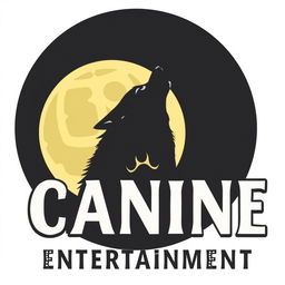 A silhouette of a wolf howling with a film reel resembling the moon positioned behind it, representing 'Canine Entertainment