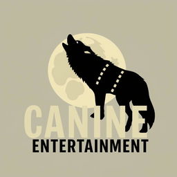 A silhouette of a wolf howling with a film reel resembling the moon positioned behind it, representing 'Canine Entertainment