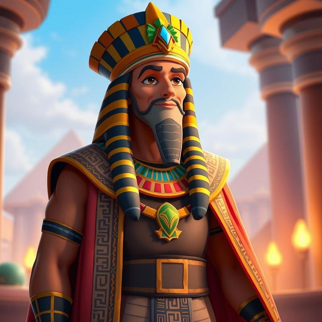 A king wearing traditional Egyptian attire, featuring a long robe adorned with hieroglyphic patterns and a nemes headdress with bright, vibrant colors and a more colorful design reminiscent of Disney style