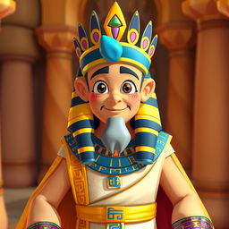 A king wearing traditional Egyptian attire, featuring a long robe adorned with hieroglyphic patterns and a nemes headdress with bright, vibrant colors and a more colorful design reminiscent of Disney style