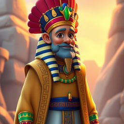 A king wearing traditional Egyptian attire, featuring a long robe adorned with hieroglyphic patterns and a nemes headdress with bright, vibrant colors and a more colorful design reminiscent of Disney style