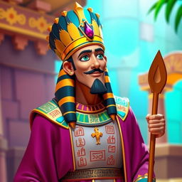 A king wearing traditional Egyptian attire, featuring a long robe adorned with hieroglyphic patterns and a nemes headdress with bright, vibrant colors and a more colorful design reminiscent of Disney style