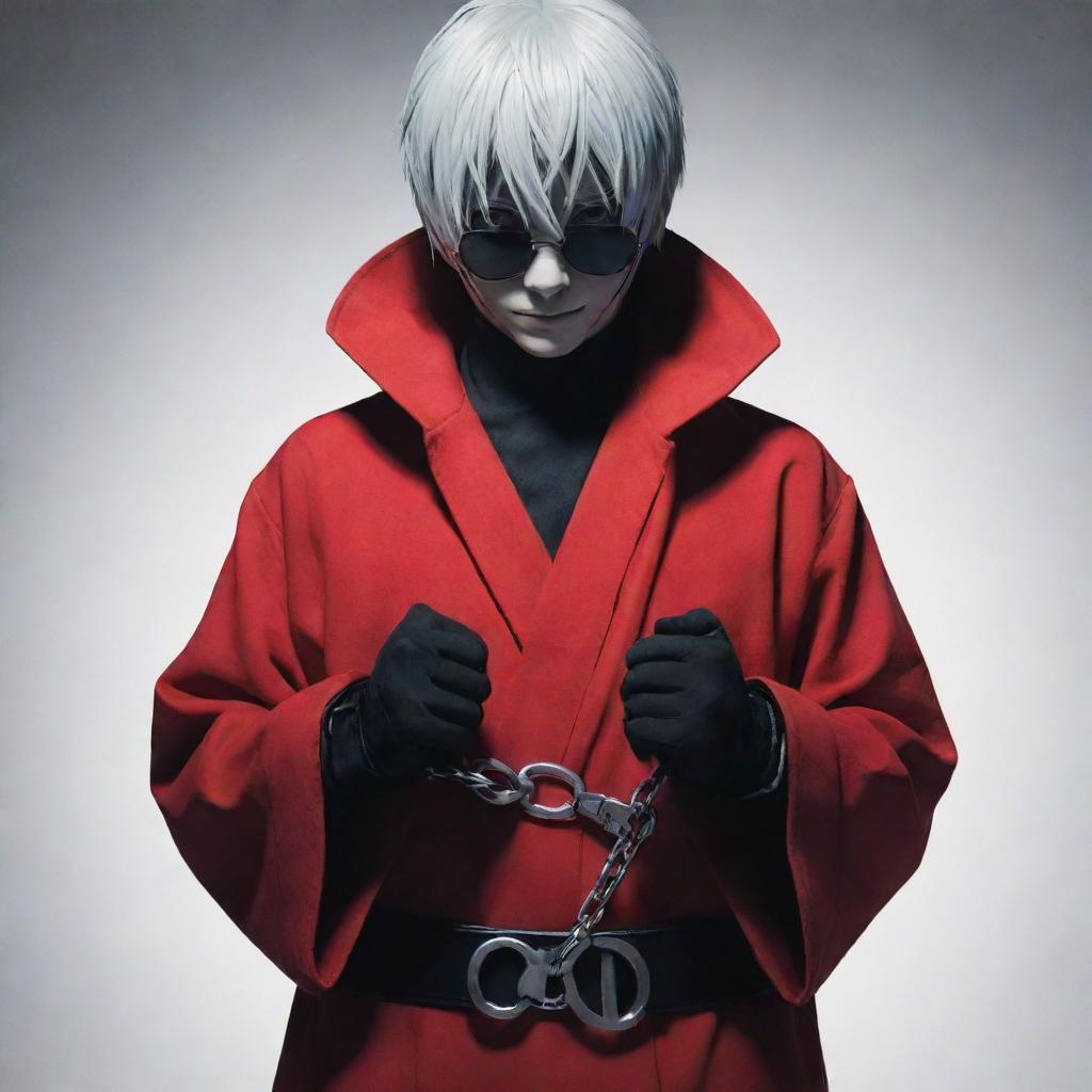 Kaneki, a character known from Tokyo Ghoul, attired in a vibrant red robe holding a pair of handcuffs.