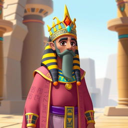 A king wearing traditional Egyptian attire, featuring a long robe adorned with hieroglyphic patterns and a nemes headdress with bright, vibrant colors and a more colorful design reminiscent of Disney style