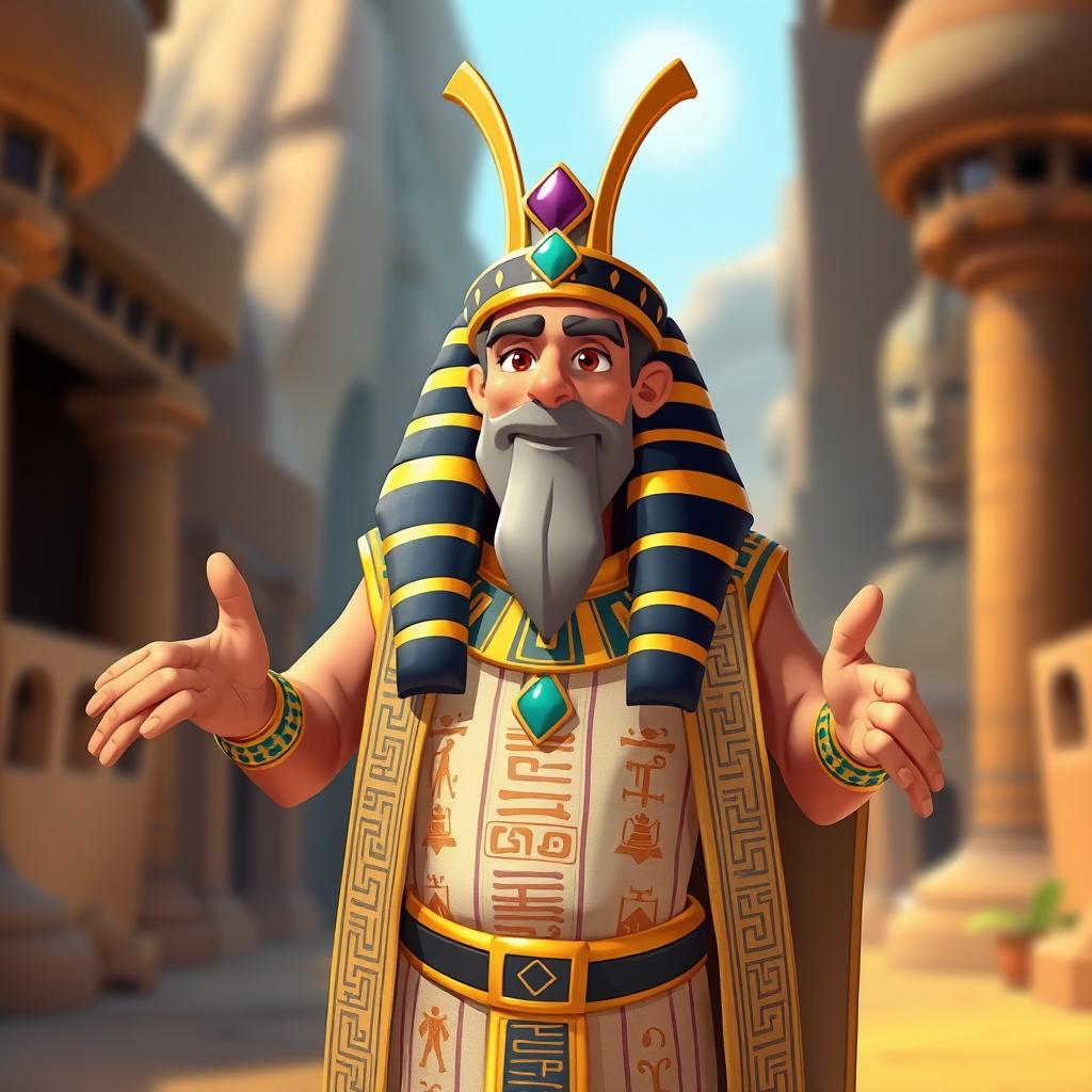 A king wearing traditional Egyptian attire, featuring a long robe adorned with hieroglyphic patterns and a nemes headdress with bright, vibrant colors and a more colorful design reminiscent of Disney style