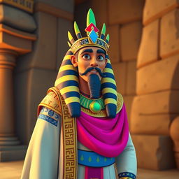 A king wearing traditional Egyptian attire, featuring a long robe adorned with hieroglyphic patterns and a nemes headdress with bright, vibrant colors and a more colorful design reminiscent of Disney style