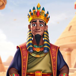 A king wearing traditional Egyptian attire, featuring a long robe adorned with hieroglyphic patterns and a nemes headdress with bright, vibrant colors and a more colorful design reminiscent of Disney style