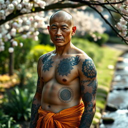 A serene yet powerful human monk, standing in a tranquil garden, with intricate tattoos covering his arms and torso