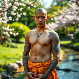 A serene yet powerful human monk, standing in a tranquil garden, with intricate tattoos covering his arms and torso