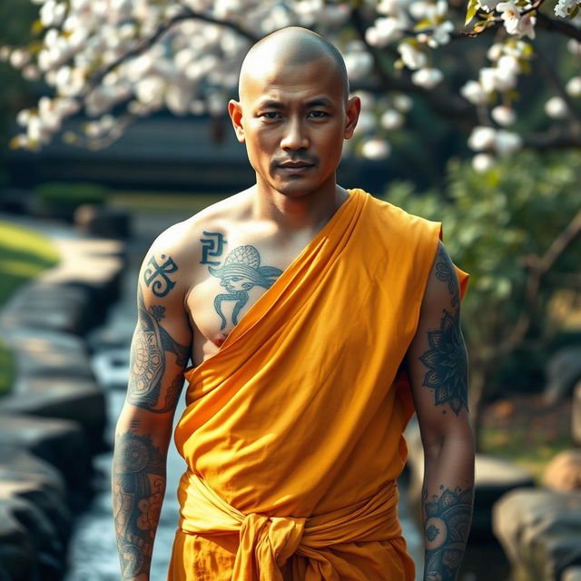 A serene yet powerful human monk, standing in a tranquil garden, with intricate tattoos covering his arms and torso