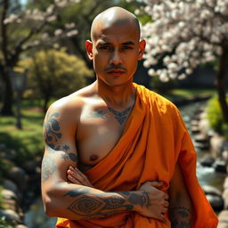 A serene yet powerful human monk, standing in a tranquil garden, with intricate tattoos covering his arms and torso