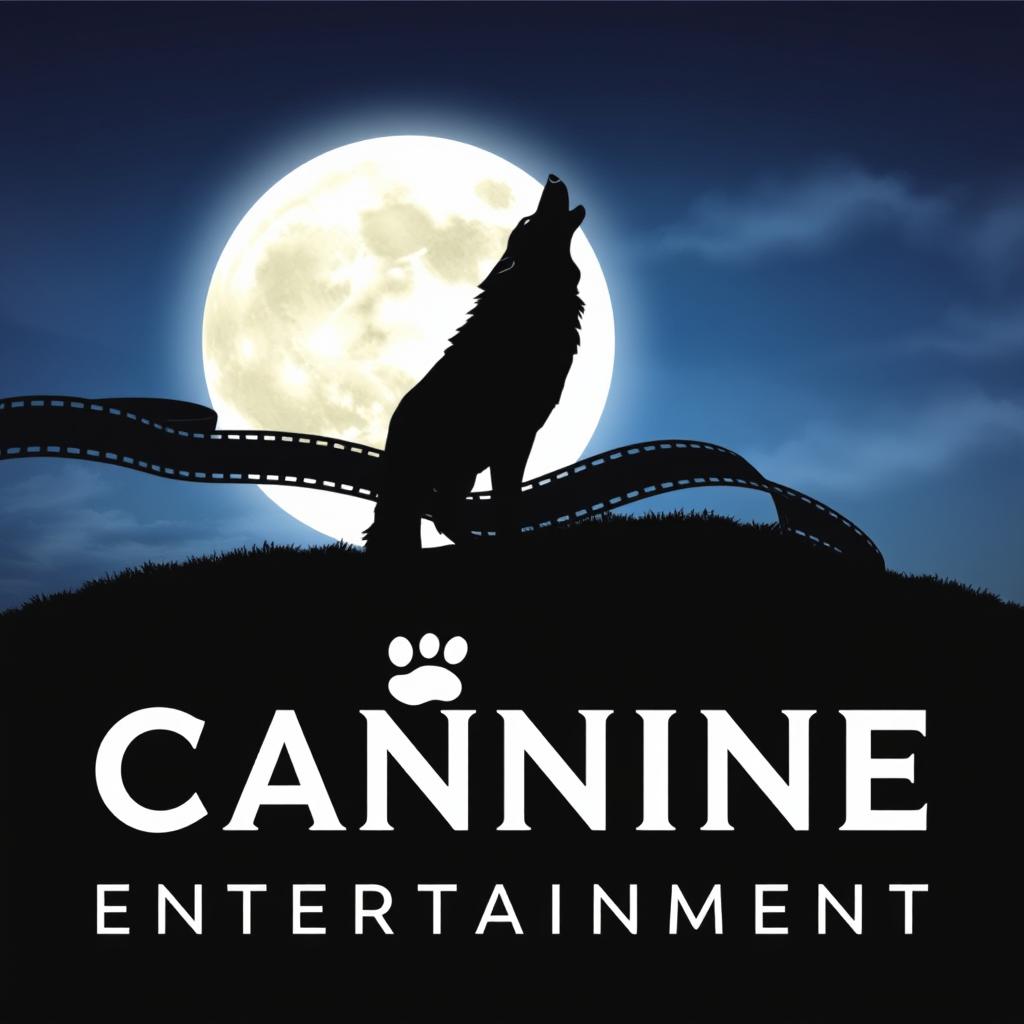 A silhouette of a wolf howling at a full moon, with a film reel elegantly wrapping behind the wolf