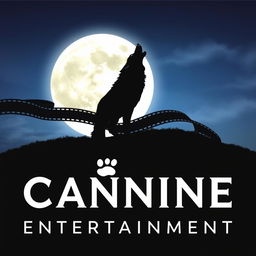 A silhouette of a wolf howling at a full moon, with a film reel elegantly wrapping behind the wolf