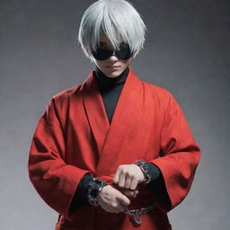 Kaneki, a character known from Tokyo Ghoul, attired in a vibrant red robe holding a pair of handcuffs.