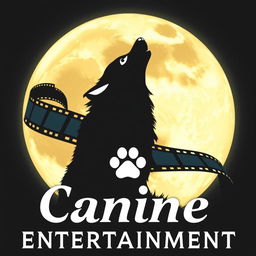 A silhouette of a wolf howling at a full moon, with a film reel elegantly wrapping behind the wolf